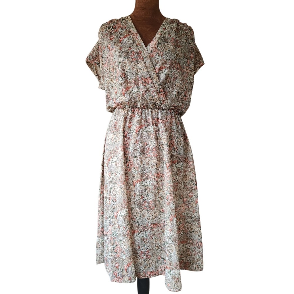 Vtg 70s 80s Sheer Floral Dress Boho Cottagecore Romantic Surplice Blouson Midi